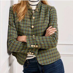 Talbots Women's Wool Blend Shetland Officer Jacket Green/Blue Apple Plaid Sz 10